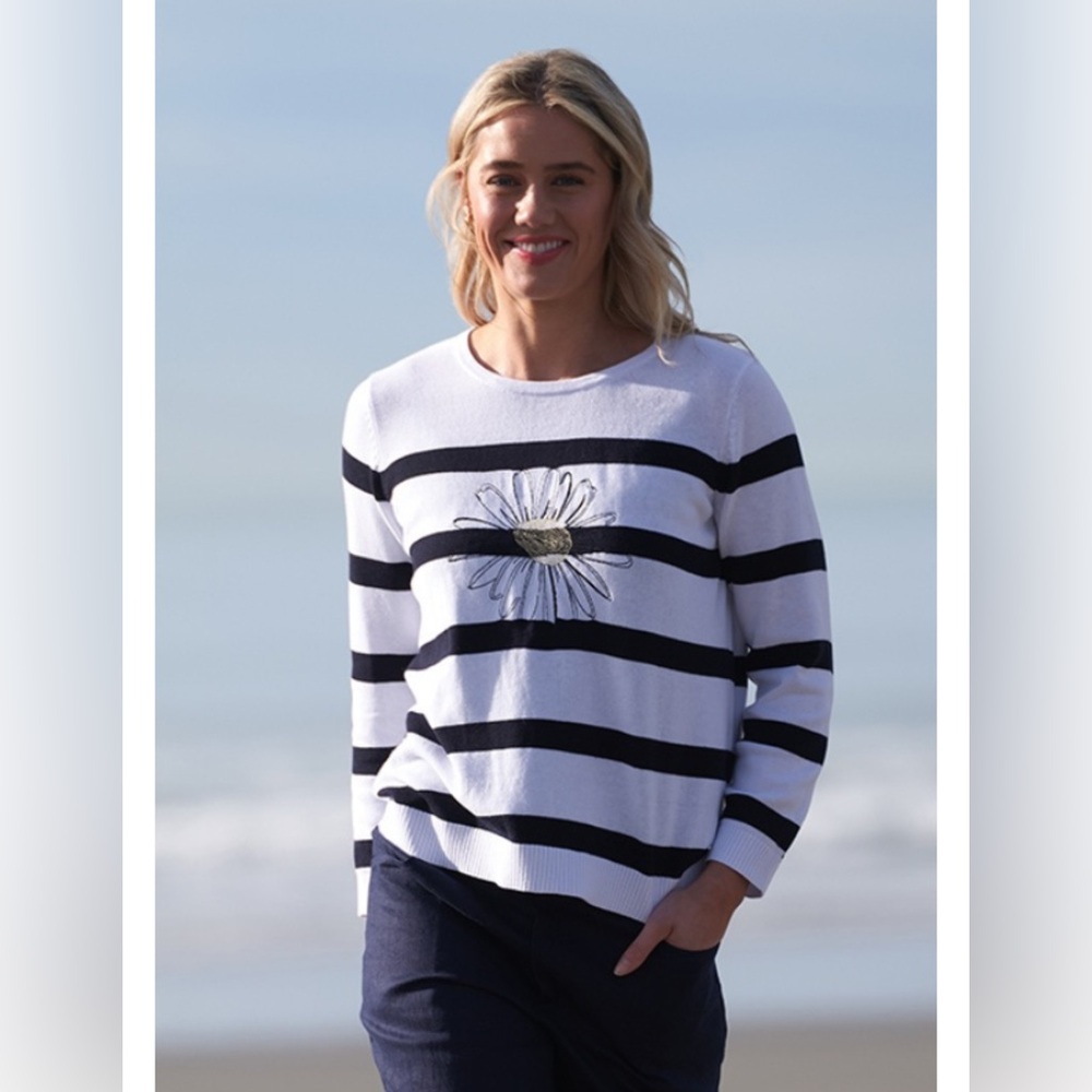 Striped Black and White Women's sweater with Daisy Design